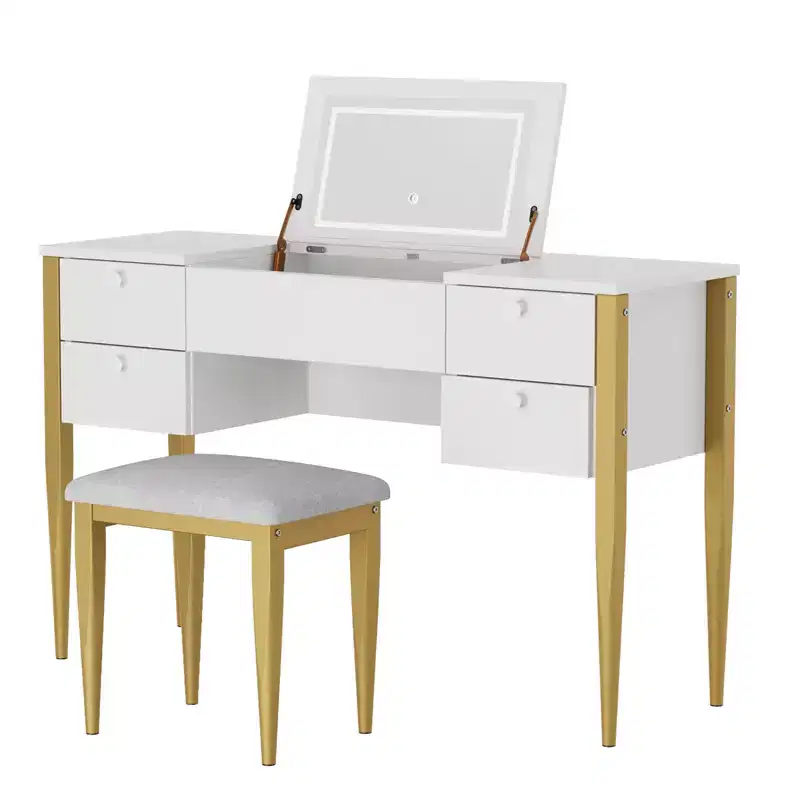 Bedroom Makeup Vanity Desk, Modern Flip Top Vanity Set, 5 Drawers, Stool Chair, 3 Lighting Modes, for Bedroom, Living room