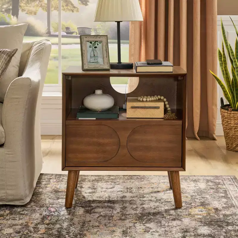 MAYEERTY Mid Century Modern Fluted Nightstands with Charging Station Solid Wood Legs with Open Space and Drawer Dresser Walnut for Bedroom