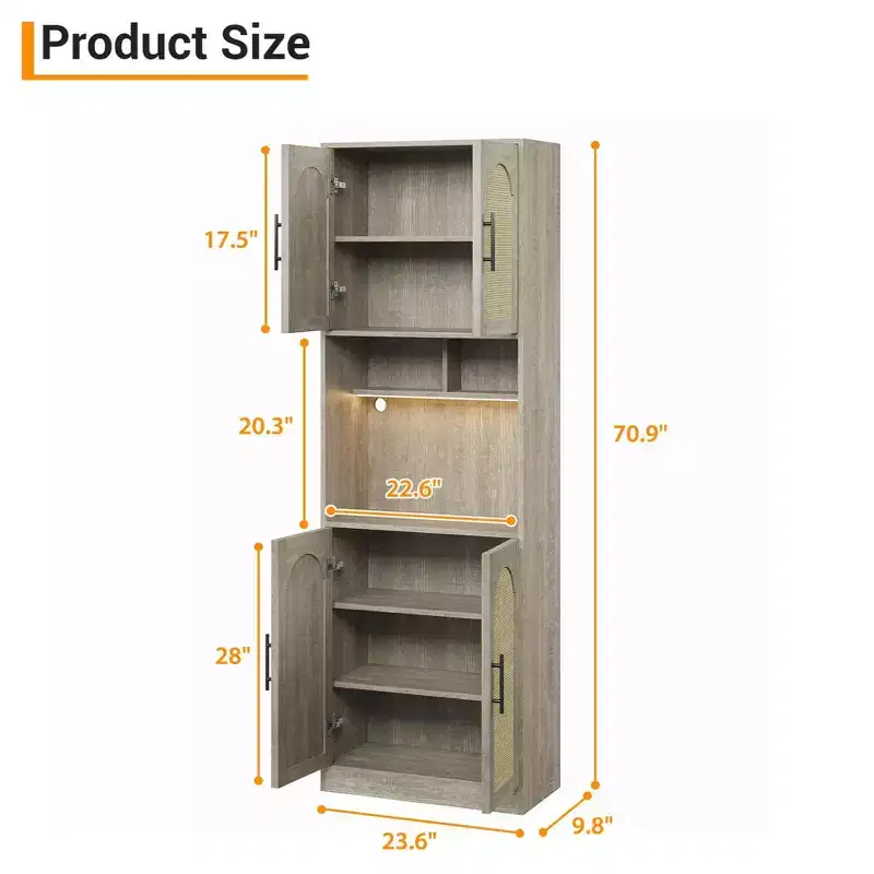 71 inch storage cabinet with LED strip light and microwave rack kitchen cabinet with adjustable shelves for dining room
