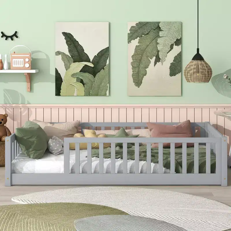 MAYEERTY Twin Floor Bed with Fence without Door, Rubber Wood Floor Guardrails Gray