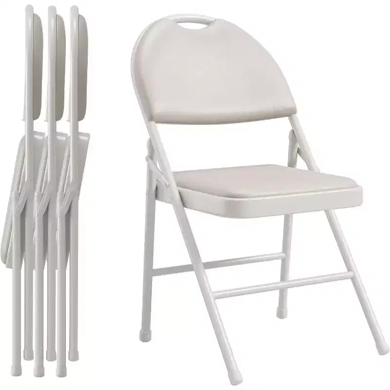 Set of 4 Linen Fabric Padded Folding Chairs with Metal Frame & Backrest