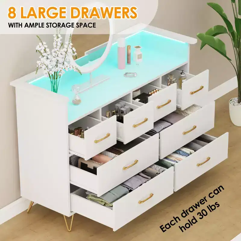 8-Drawer Dresser with Power Outlet, LED Lights & Gold Handles, Modern Wood Chest, White