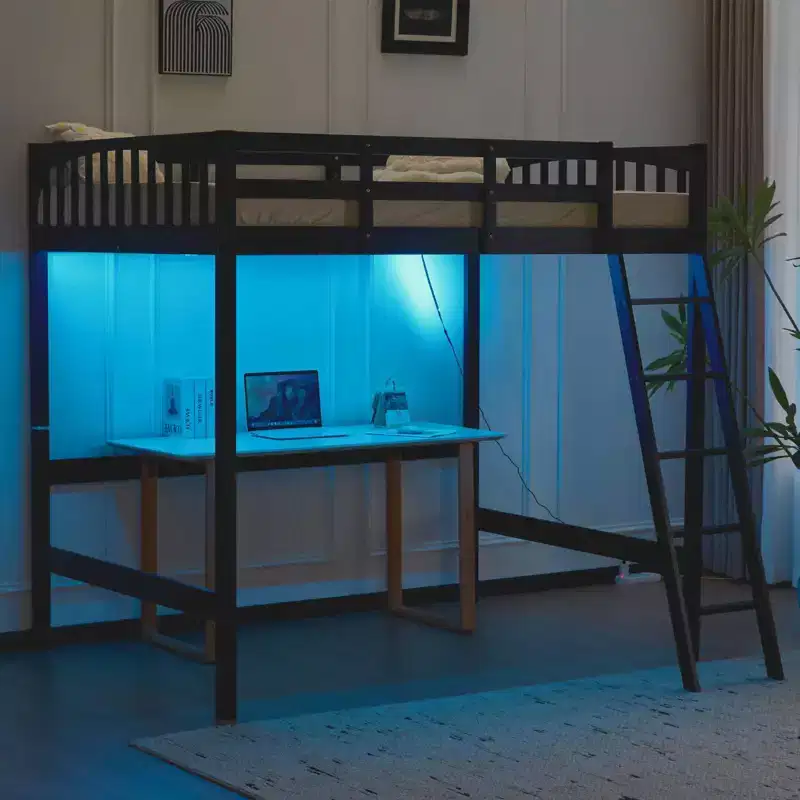 VINGLI Twin Wood Loft Bed with USB Charging Station/LED, Solid Wood Bed with Flat Rungs, 15 inches High Guardrail, No Box Spring Needed, Black