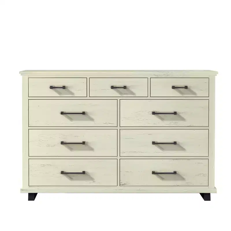 64" Dresser with 9 Drawers Cut Off-White - : Modern Farmhouse Style, Iron Leg Support, MDF Construction