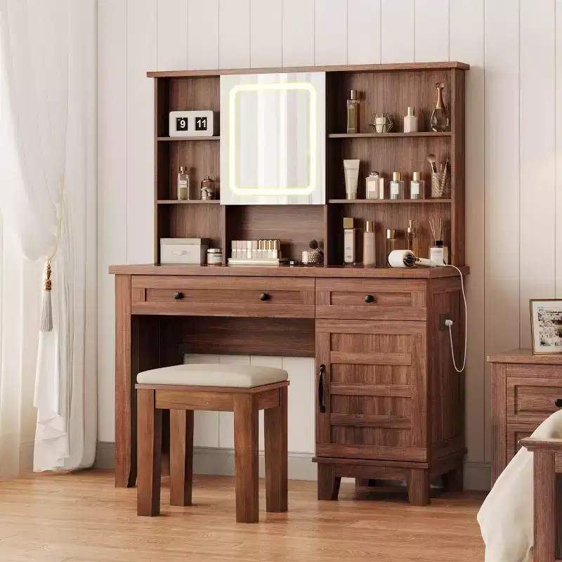 Makeup Vanity Desk with Mirror & 3-Light Modes - Wooden Dressing Table with Glass Top, Power Outlet & 2 Drawers for Bedroom