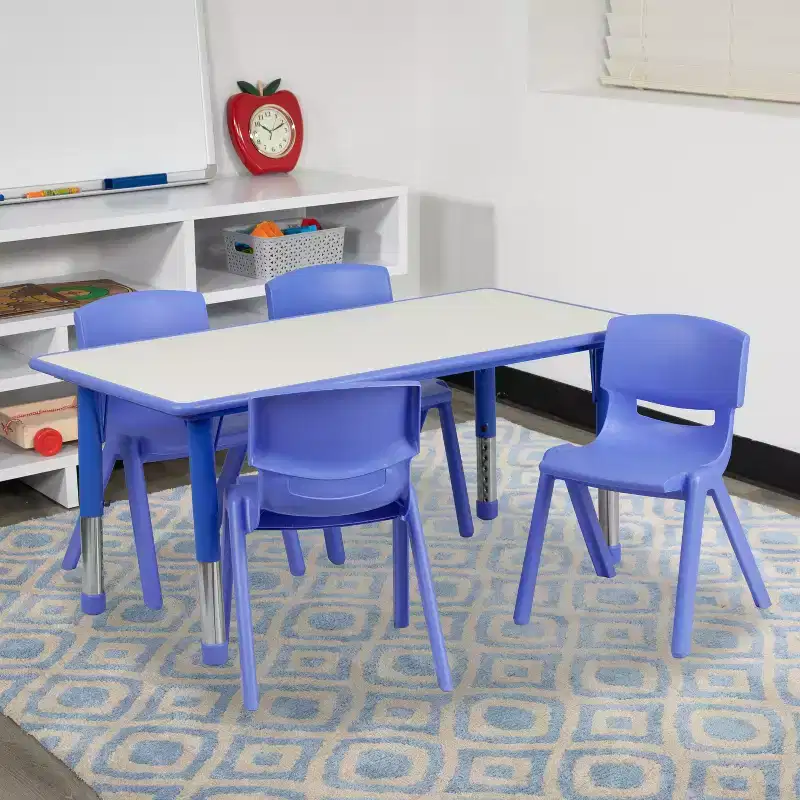 Emma and Oliver 23.625W x 47.25L Rectangular Plastic Height Adjustable Activity Table Set with 4 Chairs