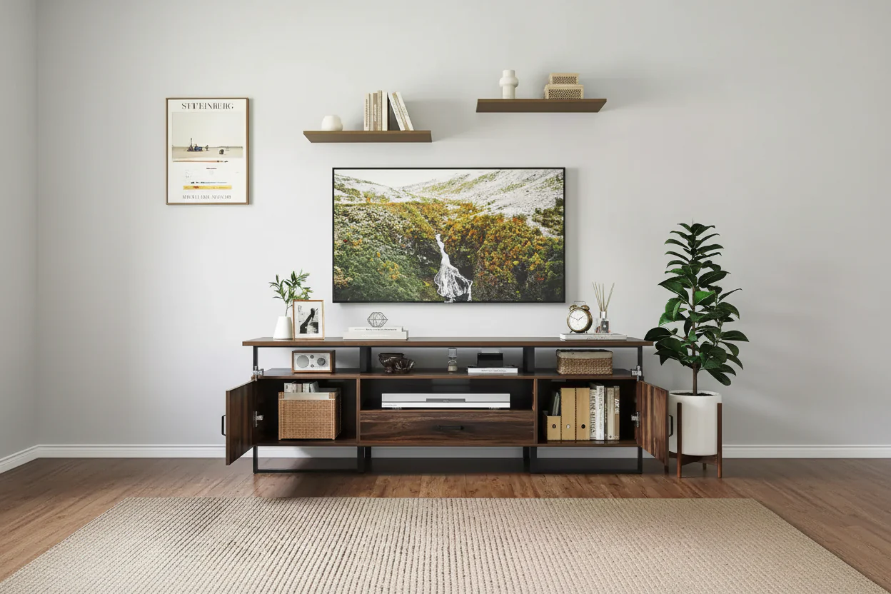 Rustic Brown Mid-Century TV Stand with Storage & Drawer, Fits up to 75
