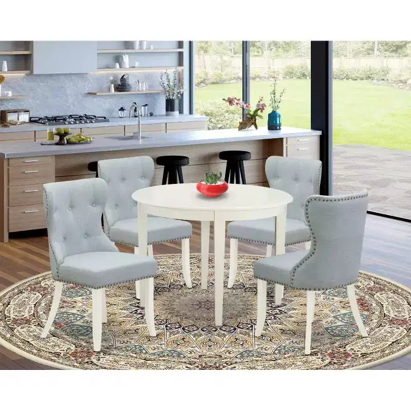 5-Piece Linen White Solid Wood Top - Dining Room Set Seats-4