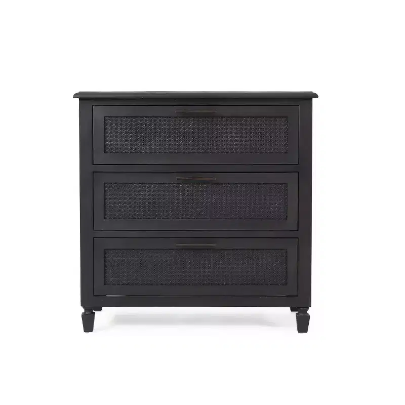 Rustic Acacia Wood and Cane 3 Drawer Dresser, Dark Gray