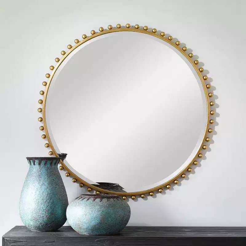 Round Vanity Decorative Wall Mirror Modern Beveled Gold Leaf Iron Frame 32 Wide for Bathroom Bedroom Living Room Home