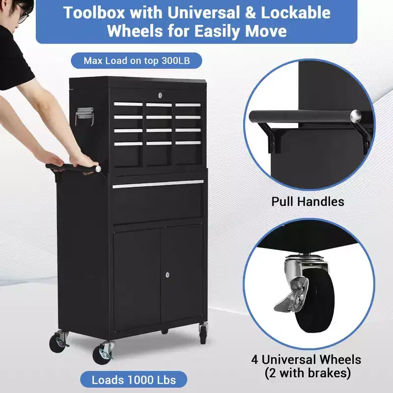 Rolling Tool Chest with Detachable Top Toolbox, 5-Drawer Tool Storage Cabinet Cart with 4 Wheels, Rust Resistant for Garage Workshop