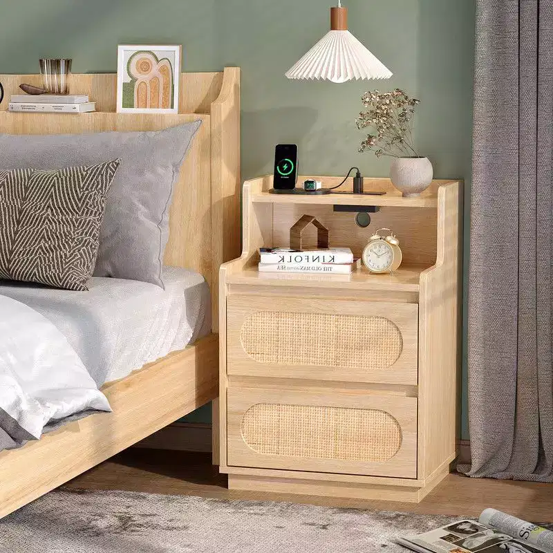 Washed White Nightstand with 2 Drawers Shelf and US Power Outlet