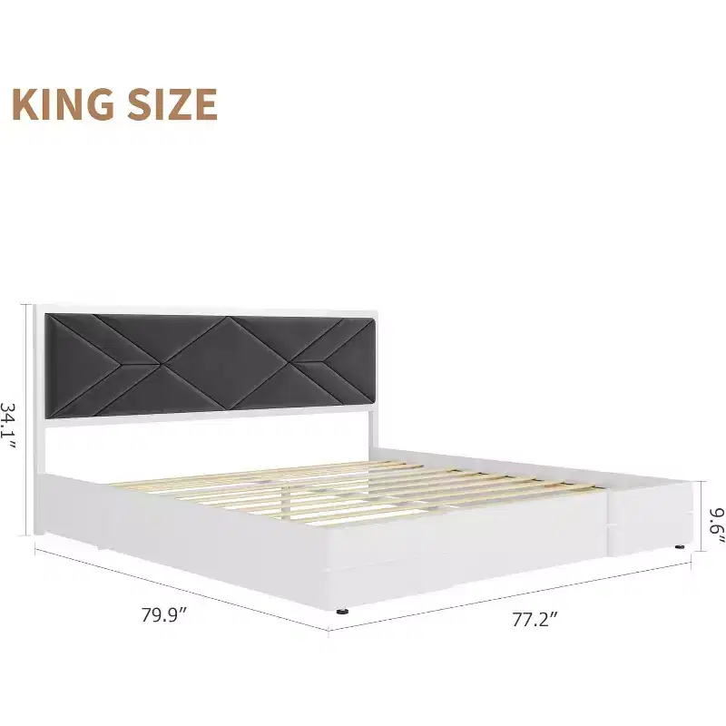 King Size Bed Frame, Wooden Bed Frame with Fabric Upholstered Headboard, No Box Spring Needed, Strong Wooden Slats, Easy Assembly, White