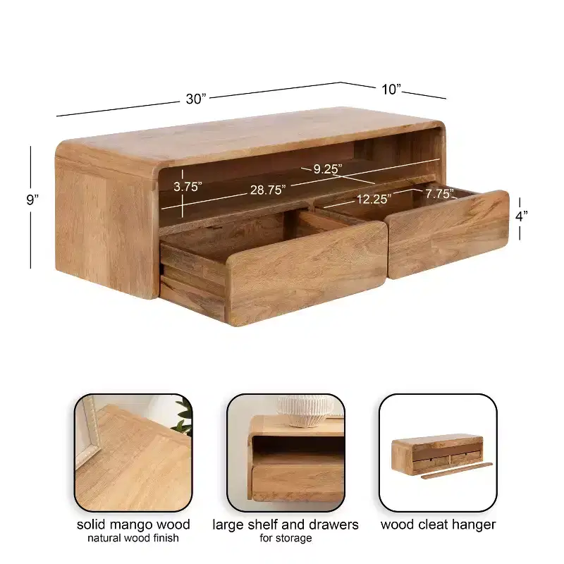 Wood Floating Console Table, Natural, 30x10x9