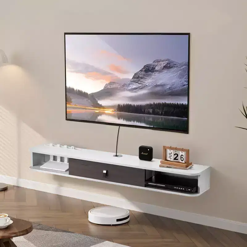 55-Inch Floating TV Stand, Wall Mount Entertainment Center with Cable Hole & Storage Cabinet, White