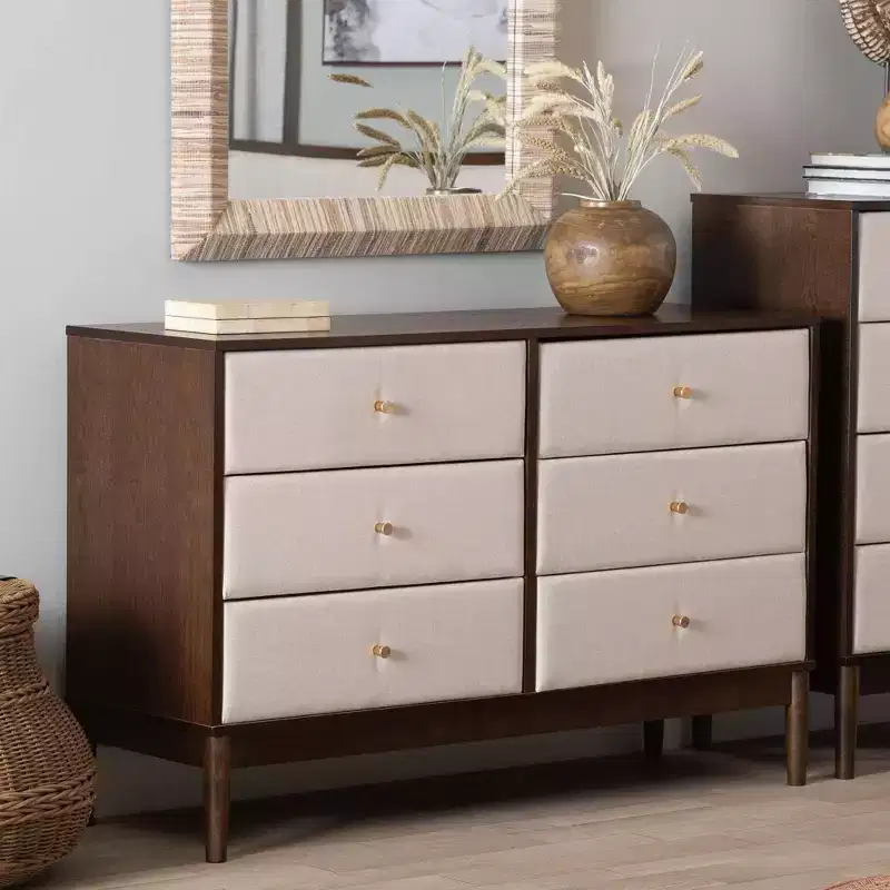 Baxton Studio Nikolai Fabric and Wood 6 Drawer Dresser Beige/Wenge Brown