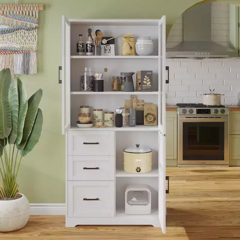 66.9in.H White Display Cabinet Storage Cabinet with 3 Doors 3 Drawers 5 Shelves Modern Style