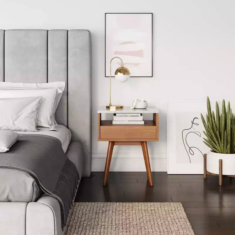 25 Solid Wood & Faux Marble Side Table Nightstand with Storage Drawer - Nathan James