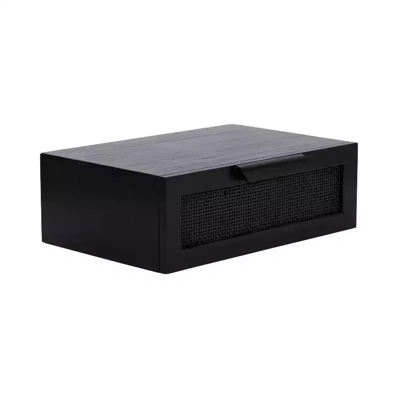 Floating Rattan Side Table 18x13x6 Black | Wall-Mounted Accent Table