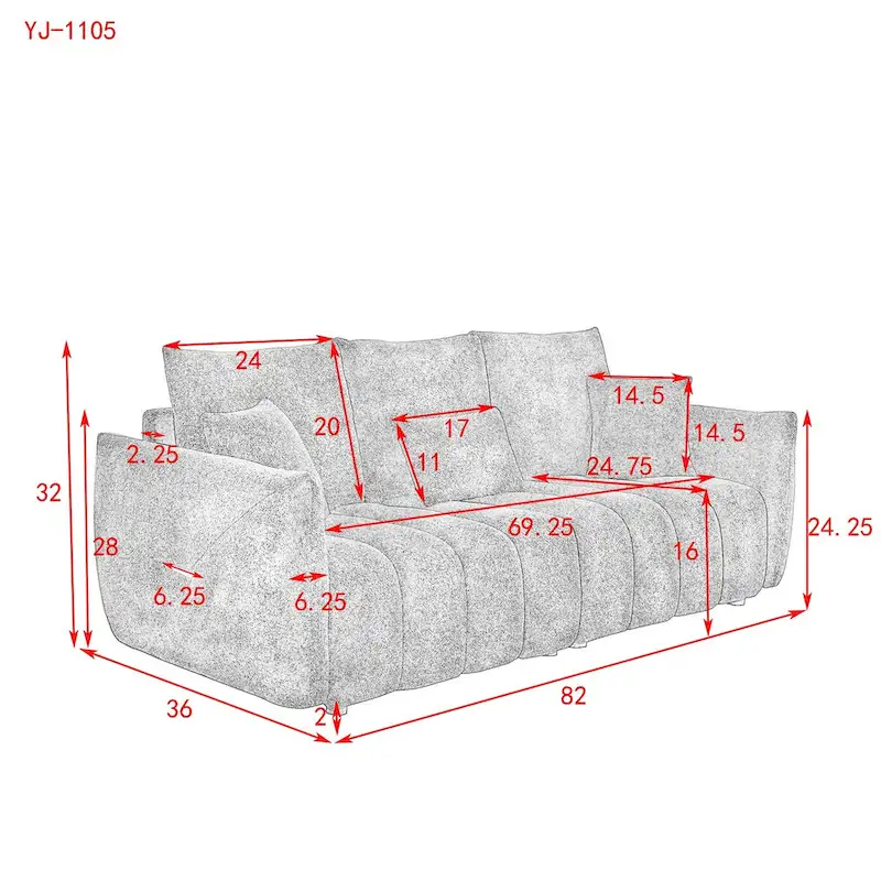 82 in Teddy Fabric Sofa Couch with 3 Back Pillows and 3 back Cushions Solid Wood Frame
