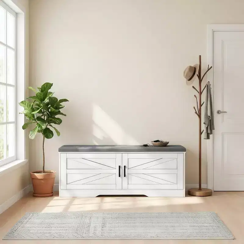 FurnitureR Shoe Storage Bench with Cushion, Farmhouse Entryway Bench with Cabinet Doors, Upholstered Shoe Bench for Entryway, Mudroom or Hallway