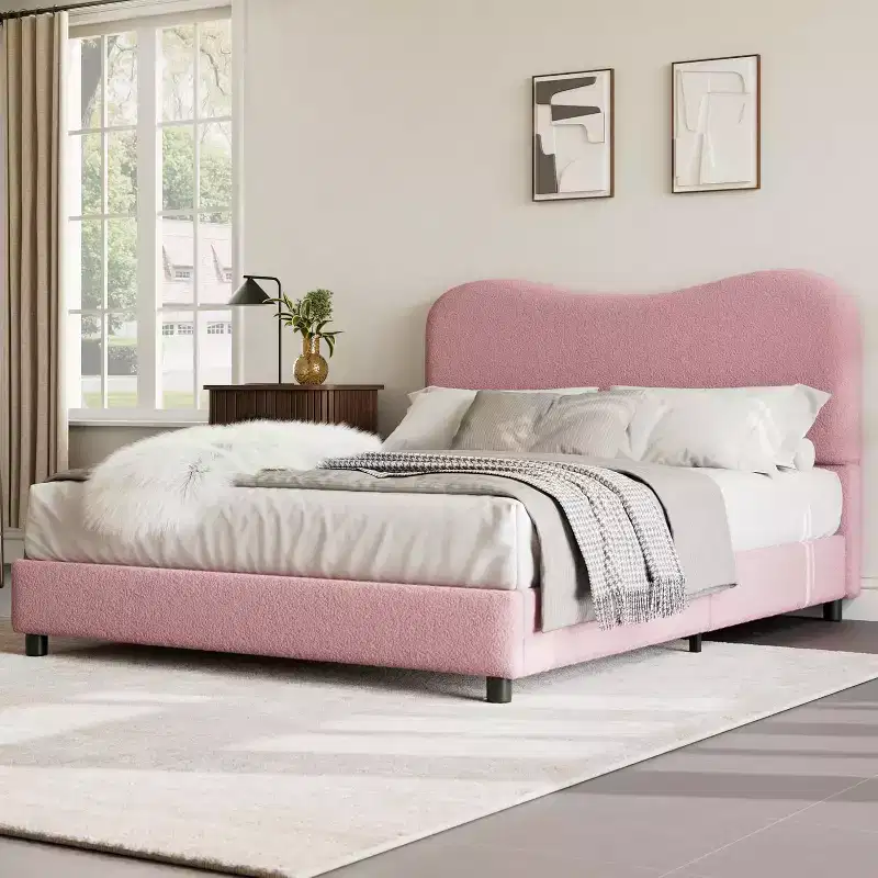 Twin/Full/ Queen Bed Frame with Cloud Boucle Upholstered Headboard, Low Profile Platform, Sturdy Wooden Slats, Noise Free, No Box Spring Needed