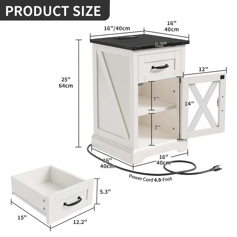 Moasis LED End Table with Shelf and Drawer, Side Table with Charging Station Power Outlet