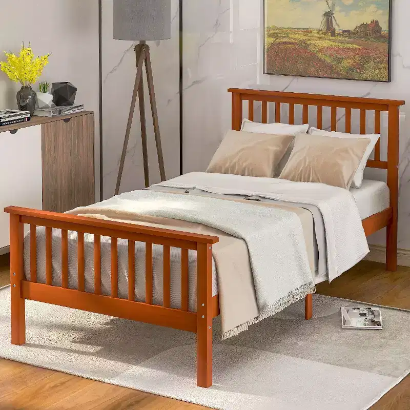 Twin Size Wood Platform Bed with Headboard and Footboard Oak