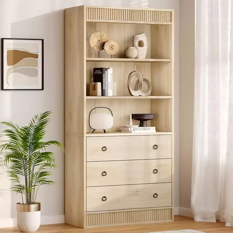 Fluted Bookshelf with Drawers, 6-Tier Tall Bookcase with Storage Cabinet, Waved Design Display Open Shelf for Living Room, Kitchen Pantry