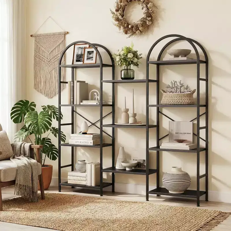 4 Tier Arched Bookshelf, 11 Open Display Shelves, Metal Frame & Wood Shelves, Wide Tall Standing Storage Rack for Living Room, Bedroom, Home Office
