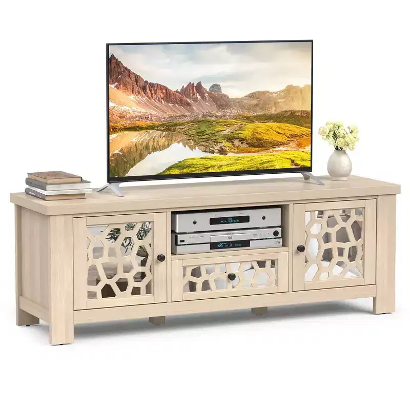 Costway 55 Retro TV Stand Media Entertainment Center w/ Mirror Doors & Drawer