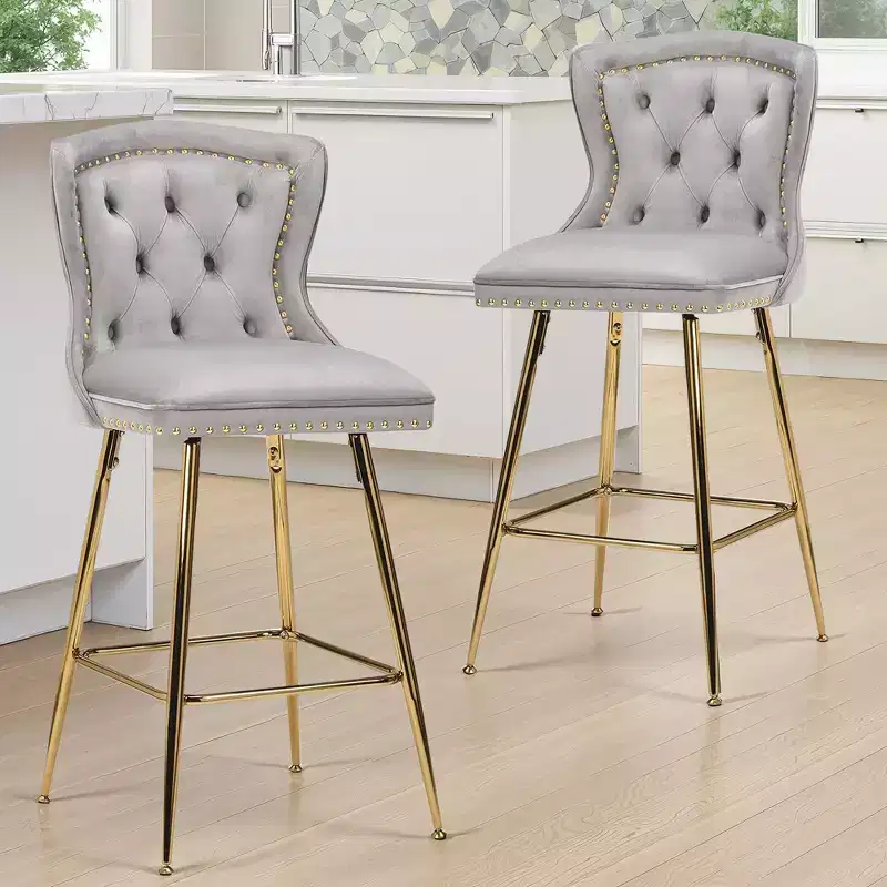 MAYEERTY Gray Velvet Bar Stools Set of 2, Button-Tufted Wing-Back,Metal Legs for Kitchen Island & Pub