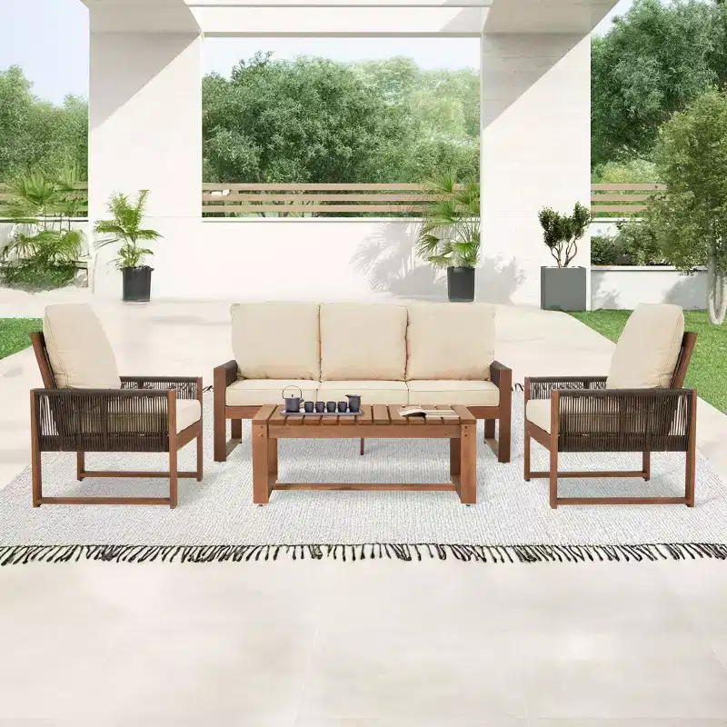 EROMMY 4-Piece Cedar Patio Set With PE Rope & Cushions - All-Weather Outdoor Conversation Group