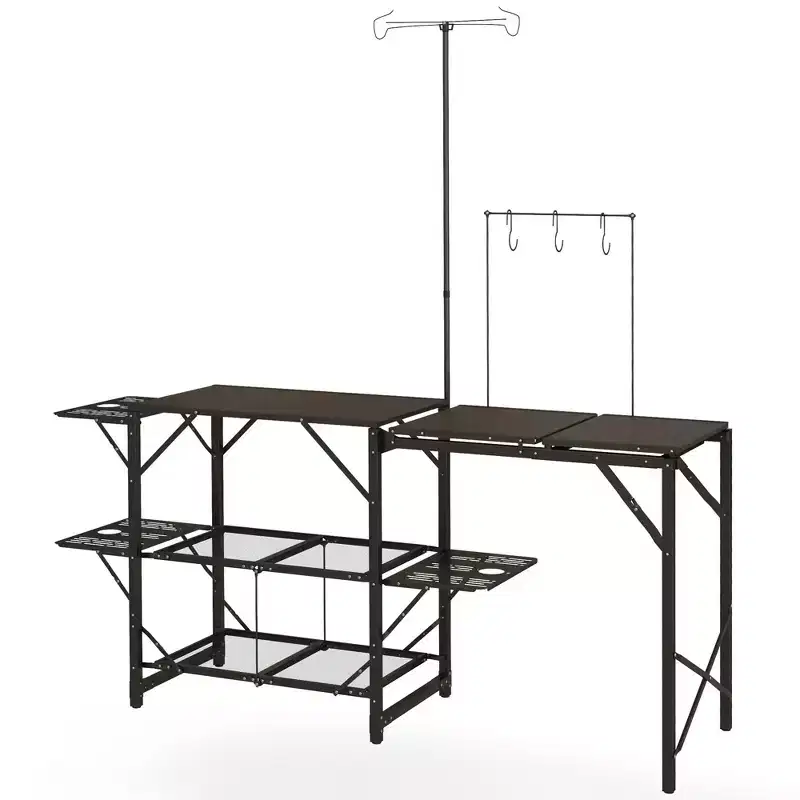 Folding Camp Kitchen, Camping Table Cooking Station with Adjustable Lamp Stand