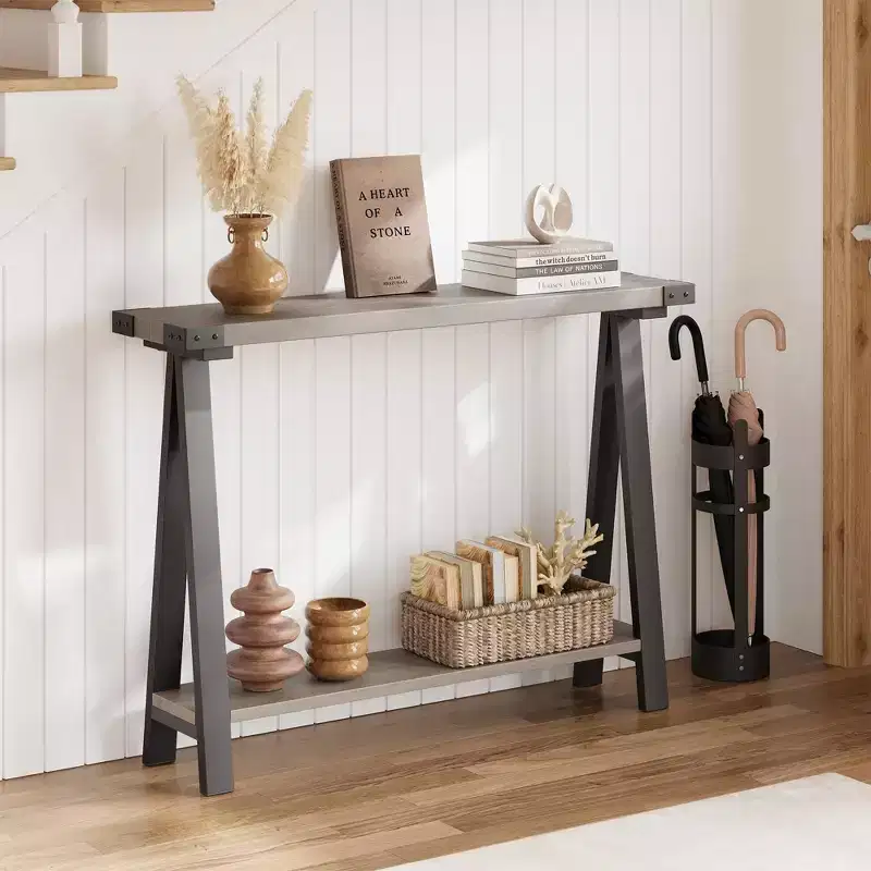 GustoWave Farmhouse Console Table with Storage, 2 Tier Narrow Entry Table with with Metal Frame and MDF for Living Room - Rustic