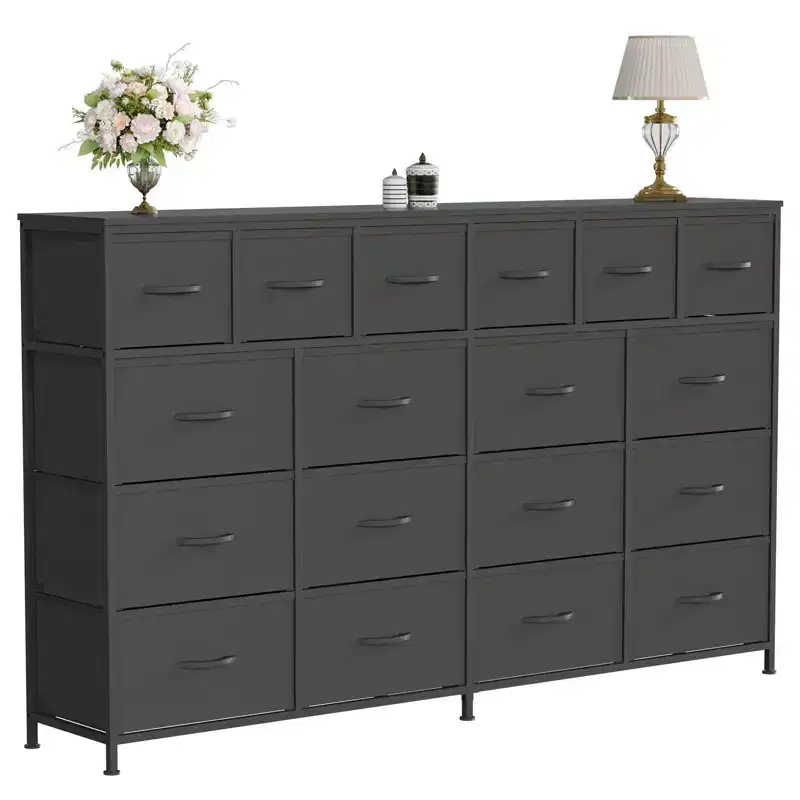 18-Drawer Long Dresser with Fabric Drawers & PU Handles - Sturdy Metal Frame Storage Cabinet for Bedroom, Living Room, Entryway