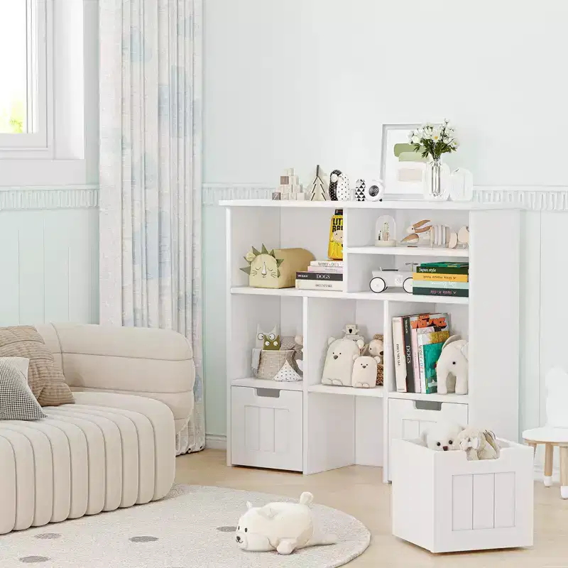 Toy Storage Cabinet with Drawers, Children's Toy Shelf Kids Bookcase Floor Storage Organizer, Large Open Bookhelf for Playroom,Bedroom,Nursery School