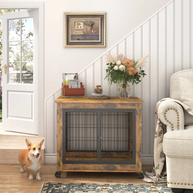 Furniture Style Dog Crate Side Table on Wheels with Double Doors and Lift Top,Rustic Brown,31.50 W x 22.05 D x 25 H.