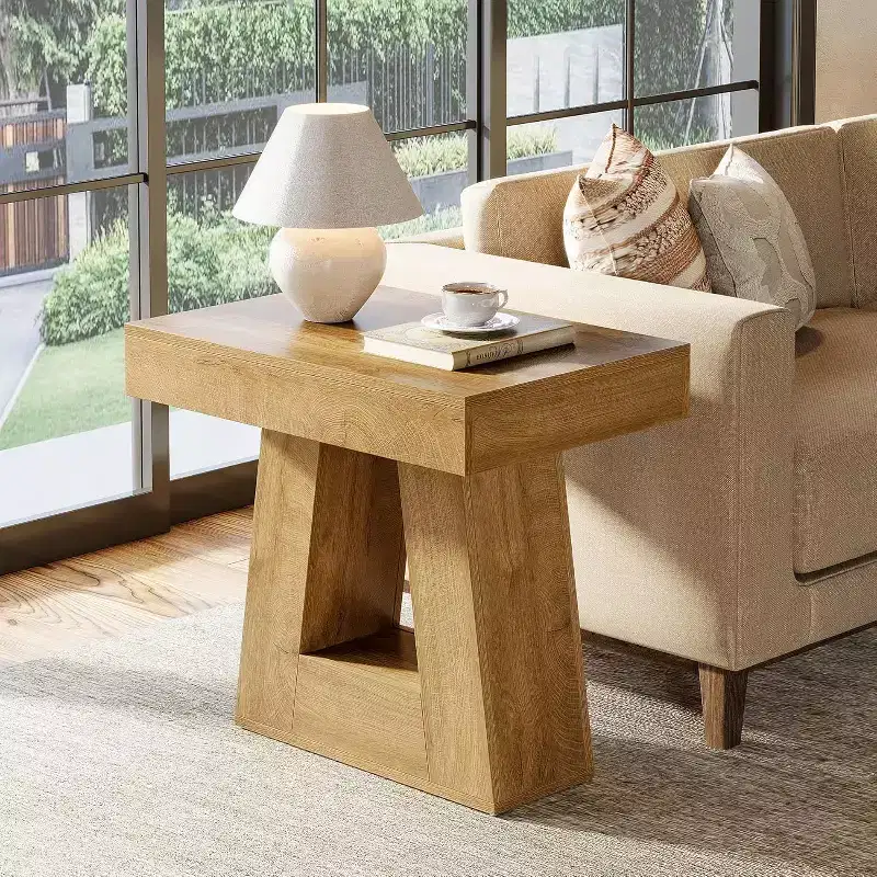 Lantine 24-Inch Modern Side Table Set of 2, 2-Tier Narrow Wooden End Table with Trapezoid Base for Living Room, Bedroom, Natural Wood Color