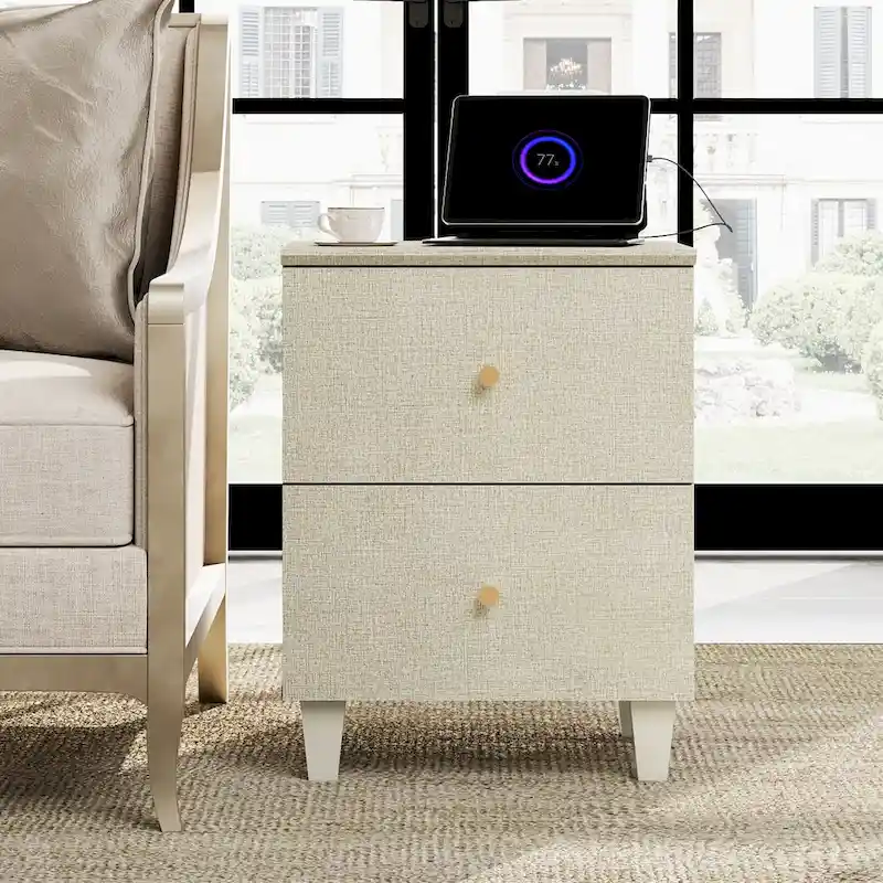 End Table with Charging Station & 2 Drawers, Modern Living Room Side Table