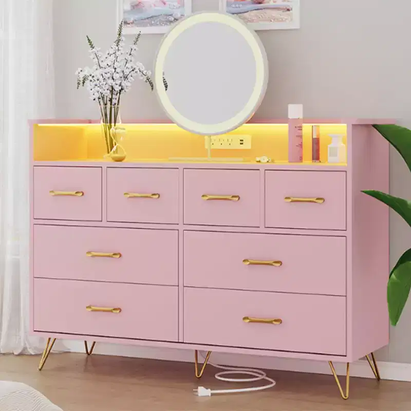 8-Drawer Dresser with Power Outlet, LED Lights & Gold Handles, Modern Wood Chest, White