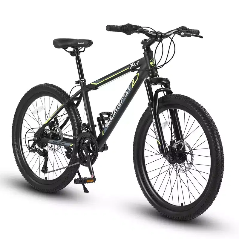 Okak 24IN Mountain Bike with Steel Frame, Kids Bike with Shimano 21 Speed, Daul Disc Brakes and Front Suspension, Bicycle for Teens