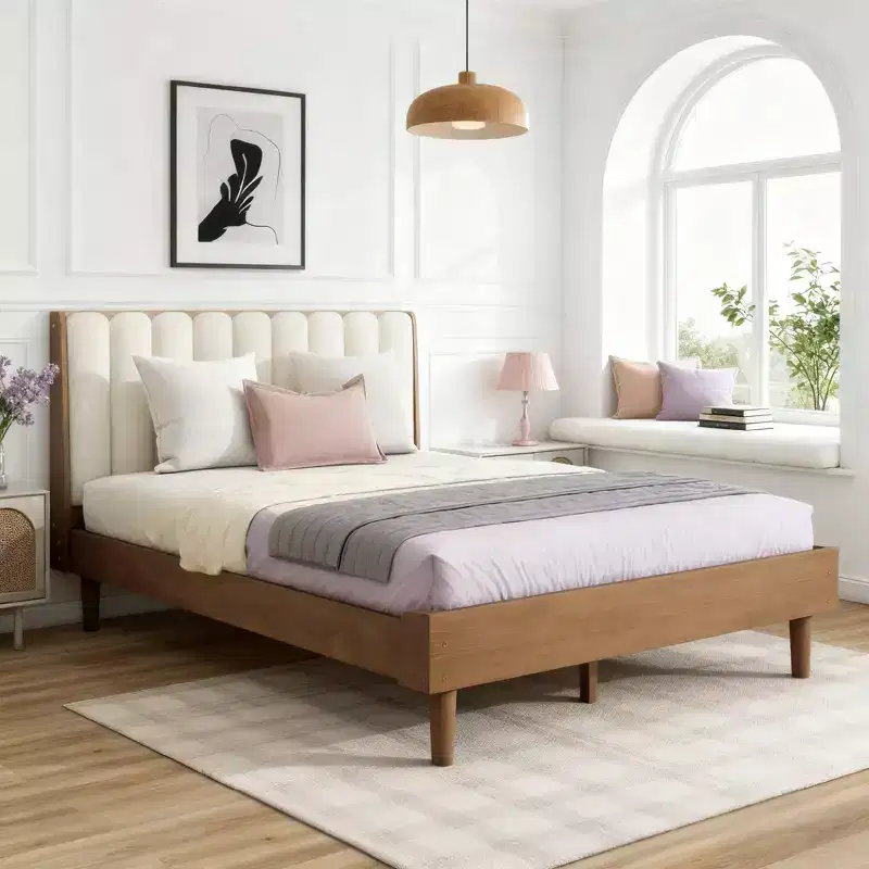 Queen Size Wood Bed with Piano Key Style Upholstered Headboard and Strengthened Bed Frame, Wheat