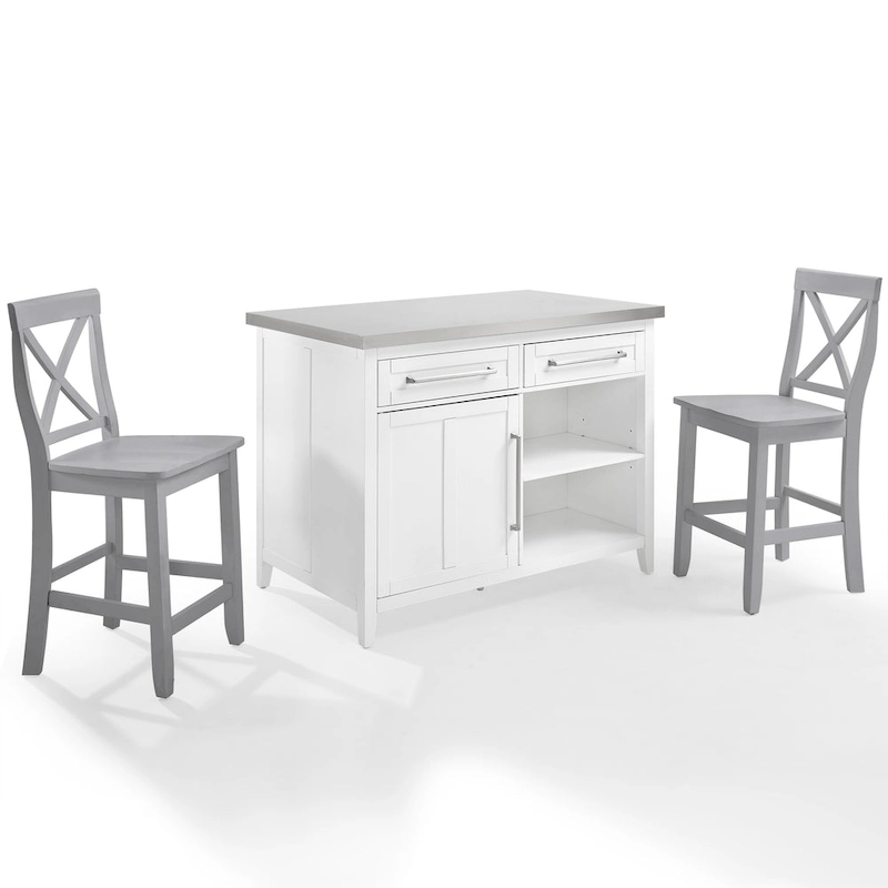 Crosley Silvia Stainless Steel Top Kitchen Island W/X-Back Stools - 57d x 46w x 41h