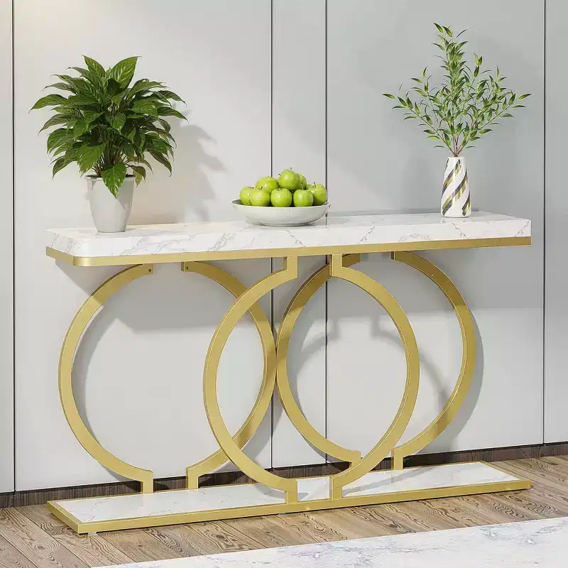 MAYEERTY 55.1 Gold Console Table, Faux Marble Veneer Geometric O-Shaped Base Entryway Table