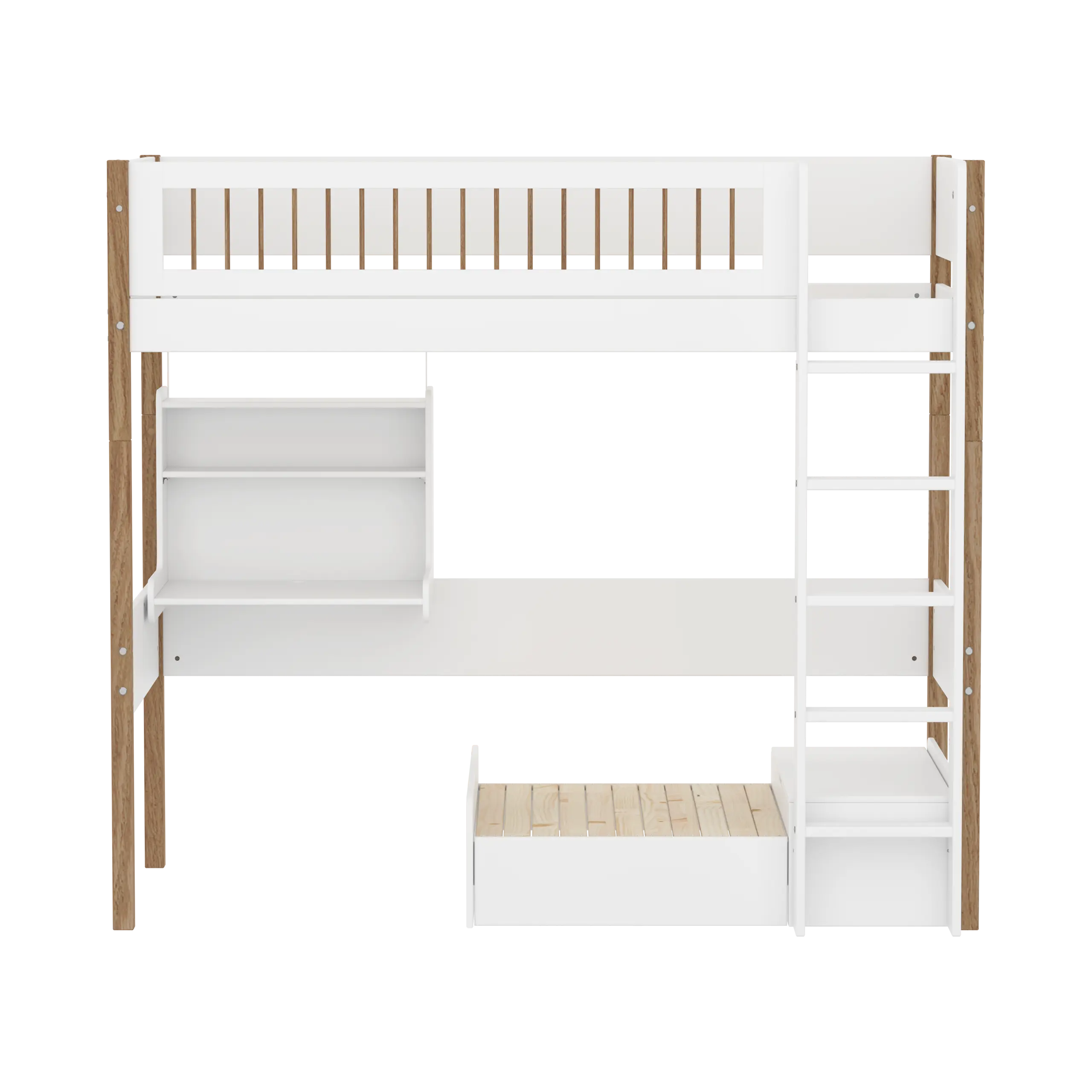 High Bed 184 cm with Sofa, Desk, Ladder and Safety Rail, 90x200 cm, White/Oak