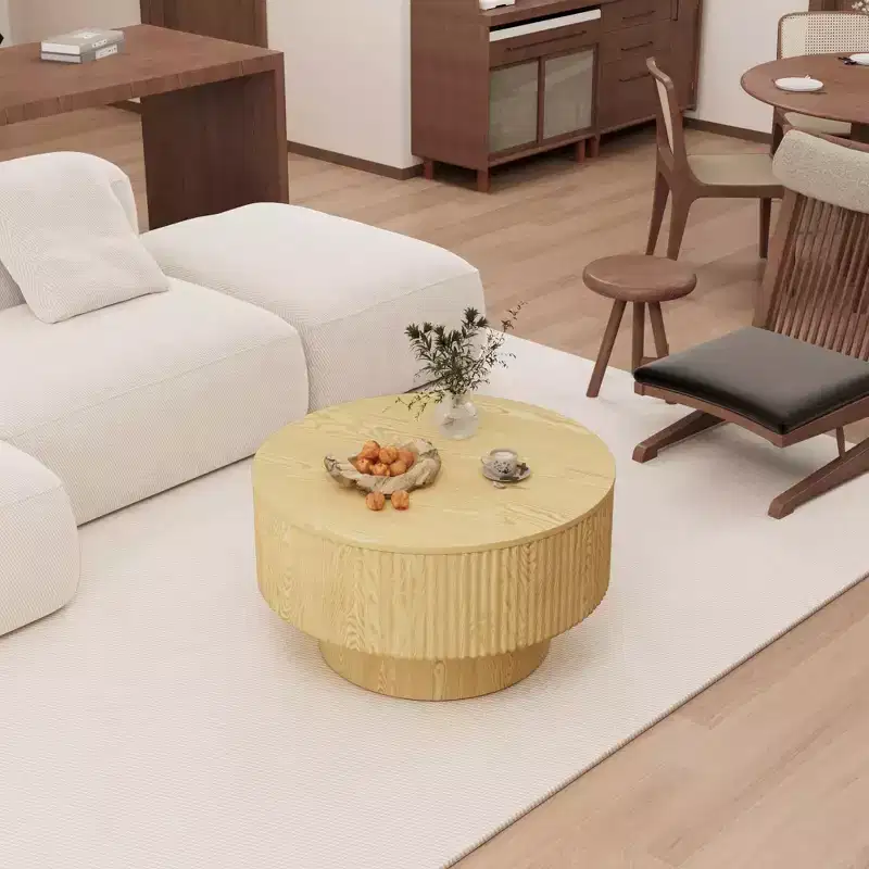 29.53  MDF modern circular coffee table with circular stripe design and storage space, for home and kitchen