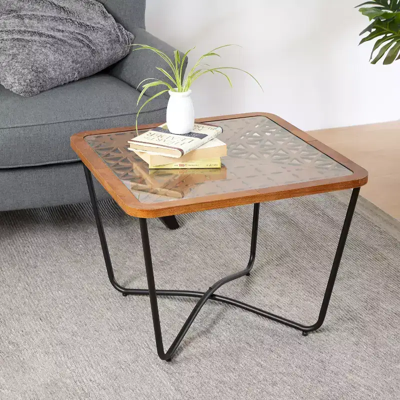 Glass Coffee Table Square Cocktail Table Center Table Accent Table Sofa Side Table with Geometric Cut-outs Top - ModernLuxe