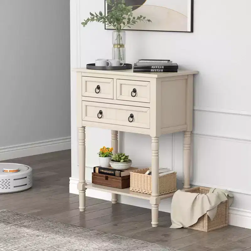 Console Entryway Table with 3 Drawers Open Shelf for Hallway Living Room Beige
