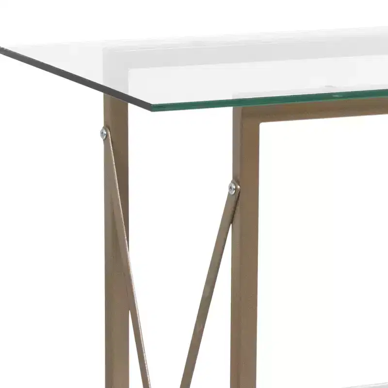 Modern Clear Glass Console Table — Gold Crisscross Frame, 2 Tempered Glass Shelves